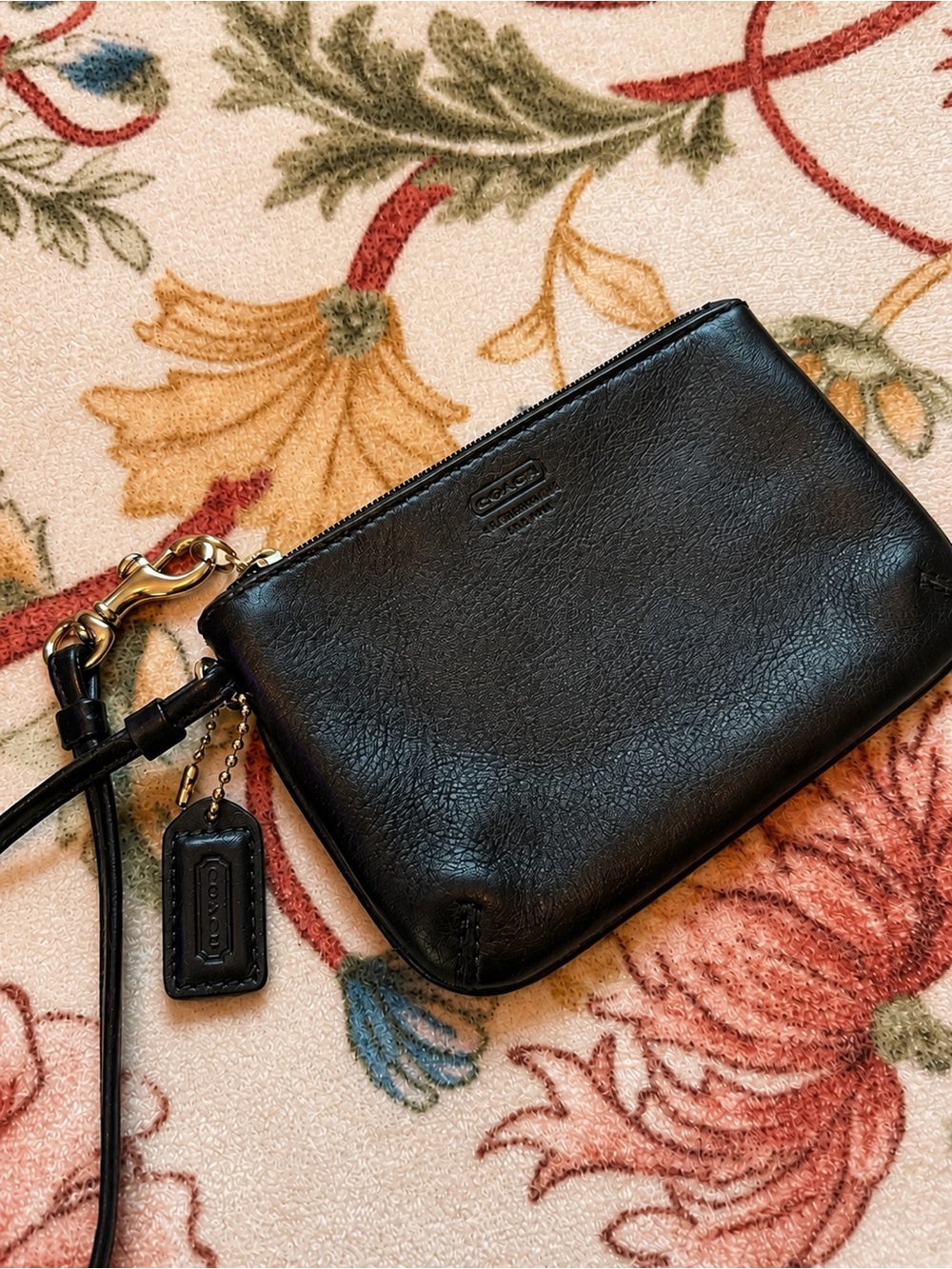 Coach Black Leather Wristlet with Gold-Tone Hardware